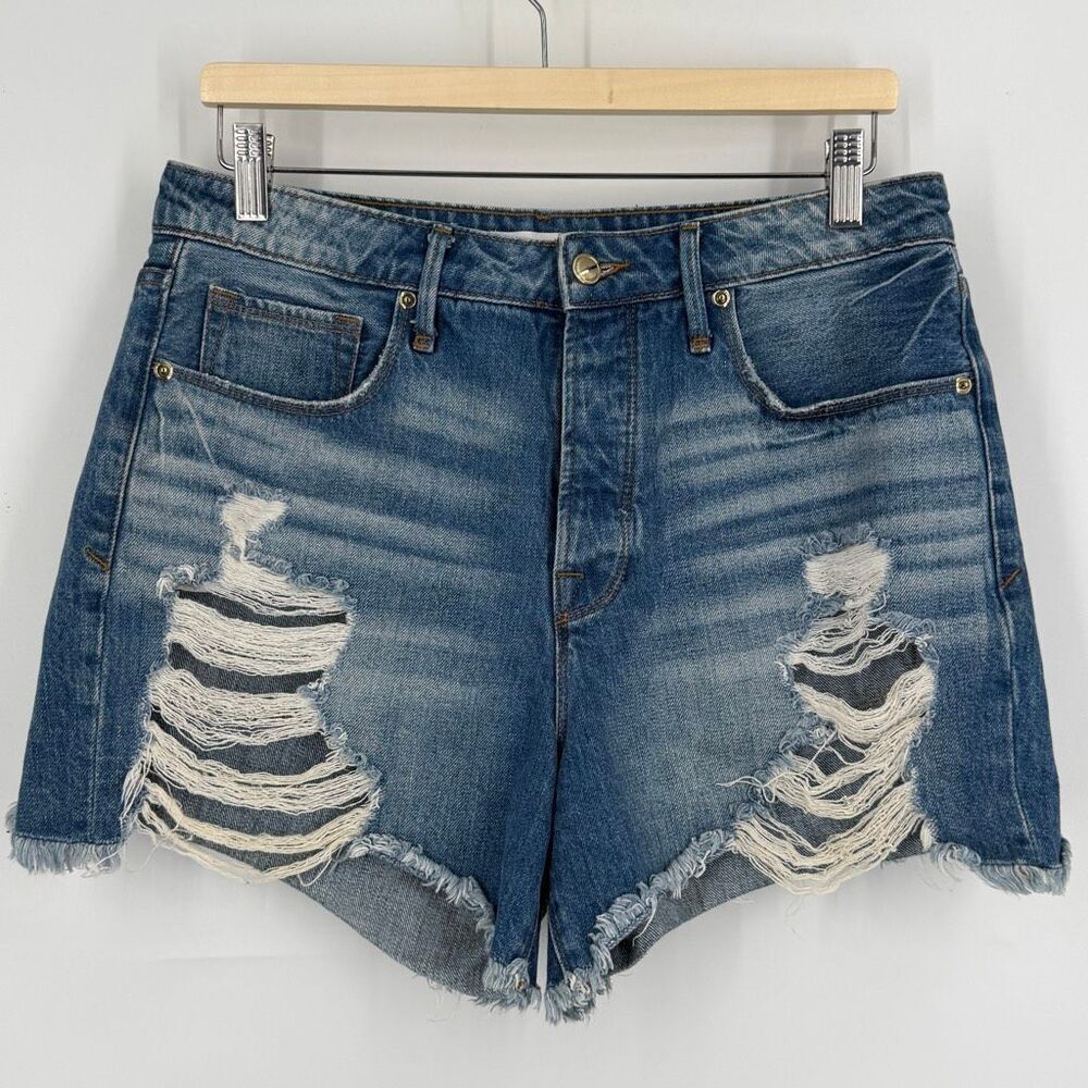 Good American Blue Bombshell Button Fly Distressed Denim Cutoff Shorts Size 6/28